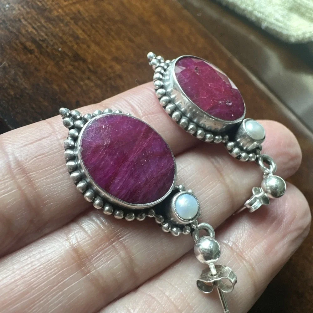 Vintage Artisan Stud Dangle Earrings 1.3 Inch Ruby Pearl 925 Sterling 10.4g‎